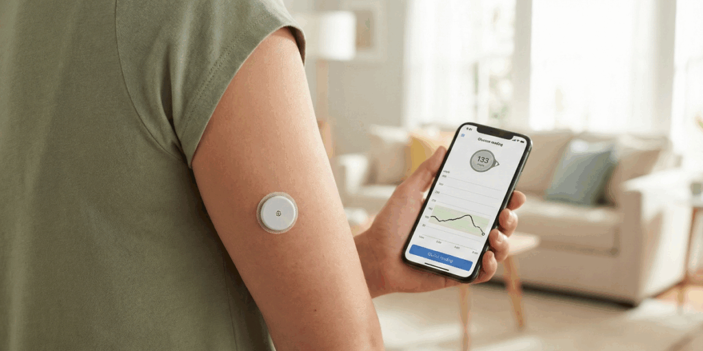 Personne utilisant un lecteur de glycémie sans piqûre sous forme de capteur posé sur le bras et consultant ses résultats en temps réel sur une application smartphone.