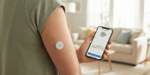 Personne utilisant un lecteur de glycémie sans piqûre sous forme de capteur posé sur le bras et consultant ses résultats en temps réel sur une application smartphone.